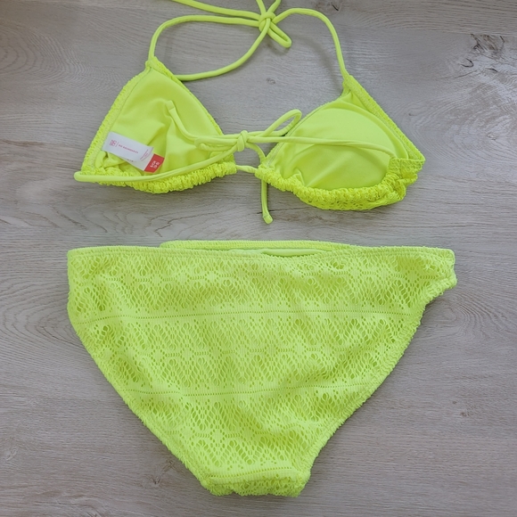 💕 Neon Yellow Lace Two Pieces Swim Bikini Set Women's Size Small Medium - Picture 4 of 8